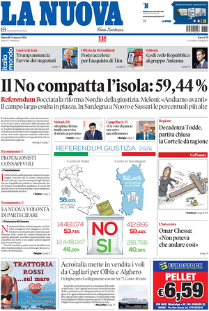 Prima pagina La Nuova Sardegna di oggi - Quotidiano regionale