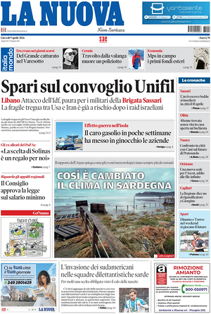 Prima pagina La Nuova Sardegna di oggi - Quotidiano regionale