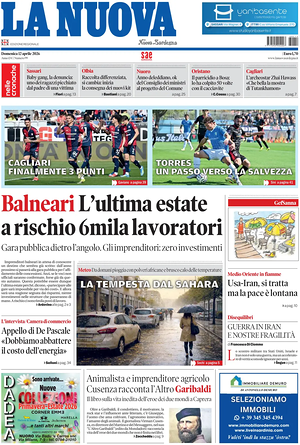 Prima pagina La Nuova Sardegna di oggi - Quotidiano regionale