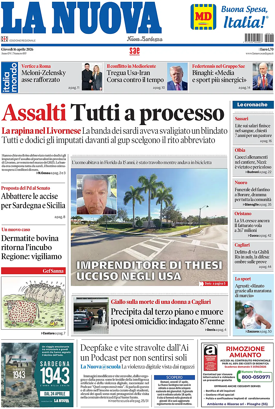 Prima pagina La Nuova Sardegna di oggi - Edicola 16 Aprile 2026
