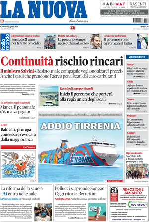 Prima pagina La Nuova Sardegna di oggi - Quotidiano regionale