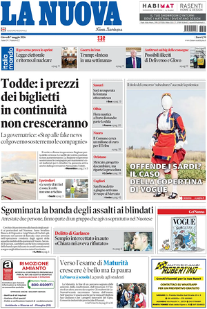 Prima pagina La Nuova Sardegna di oggi - Quotidiano regionale