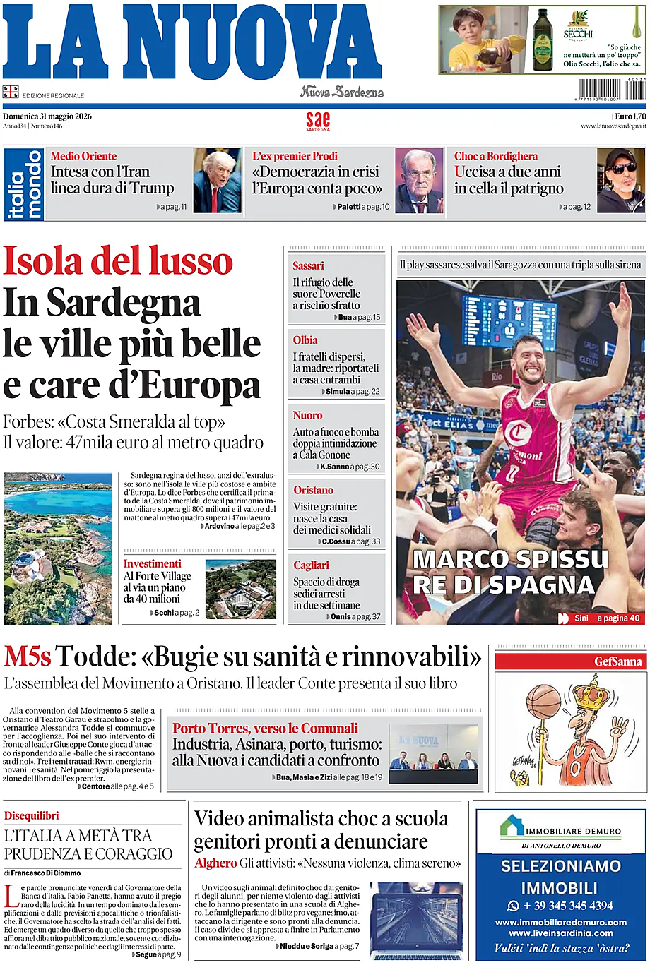 Prima pagina La Nuova Sardegna di oggi - Edicola 31 Maggio 2026