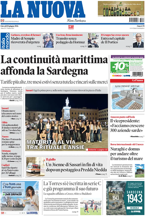 Prima pagina La Nuova Sardegna di oggi - Quotidiano regionale