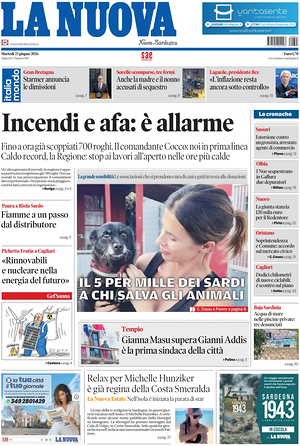 Prima pagina La Nuova Sardegna di oggi - Quotidiano regionale
