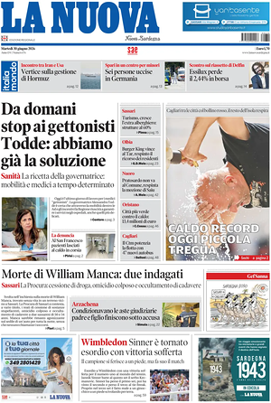 Prima pagina La Nuova Sardegna di oggi - Quotidiano regionale