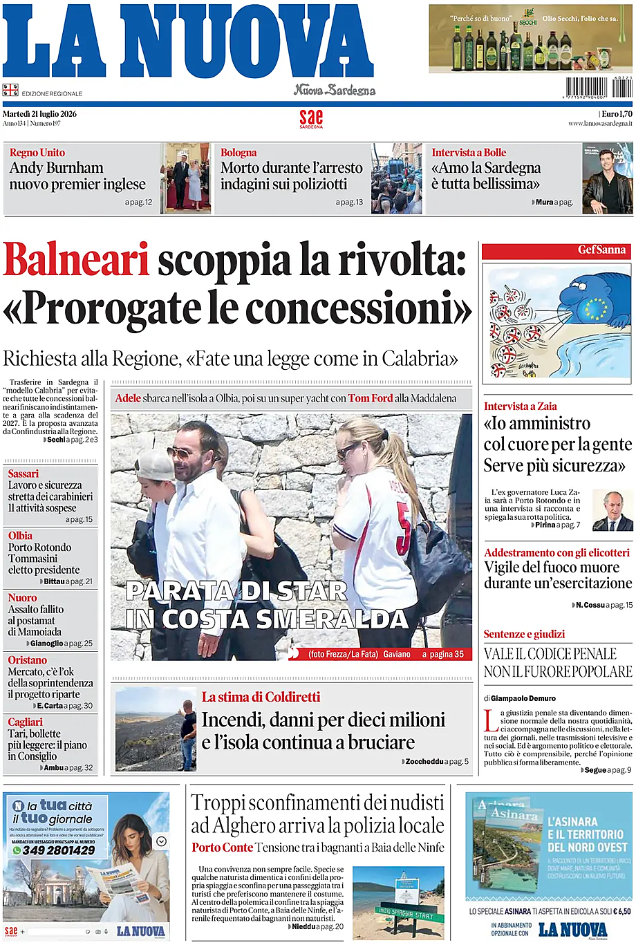 Prima pagina La Nuova Sardegna di oggi - Edicola 21 Luglio 2026