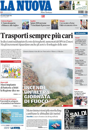 Prima pagina La Nuova Sardegna di oggi - Quotidiano regionale