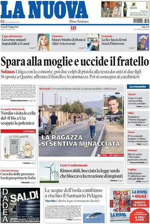 Prima pagina La Nuova Sardegna di oggi - Quotidiano regionale