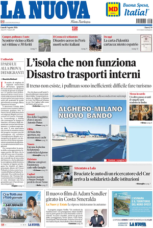 Prima pagina La Nuova Sardegna di oggi - Quotidiano regionale