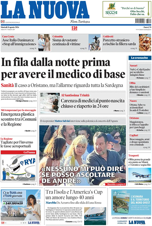 Prima pagina La Nuova Sardegna di oggi - Quotidiano regionale