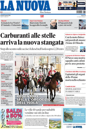 Prima pagina La Nuova Sardegna di oggi - Quotidiano regionale