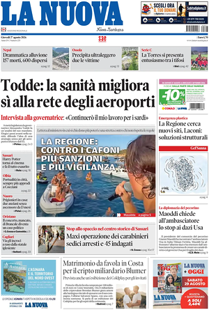 Prima pagina La Nuova Sardegna di oggi - Quotidiano regionale