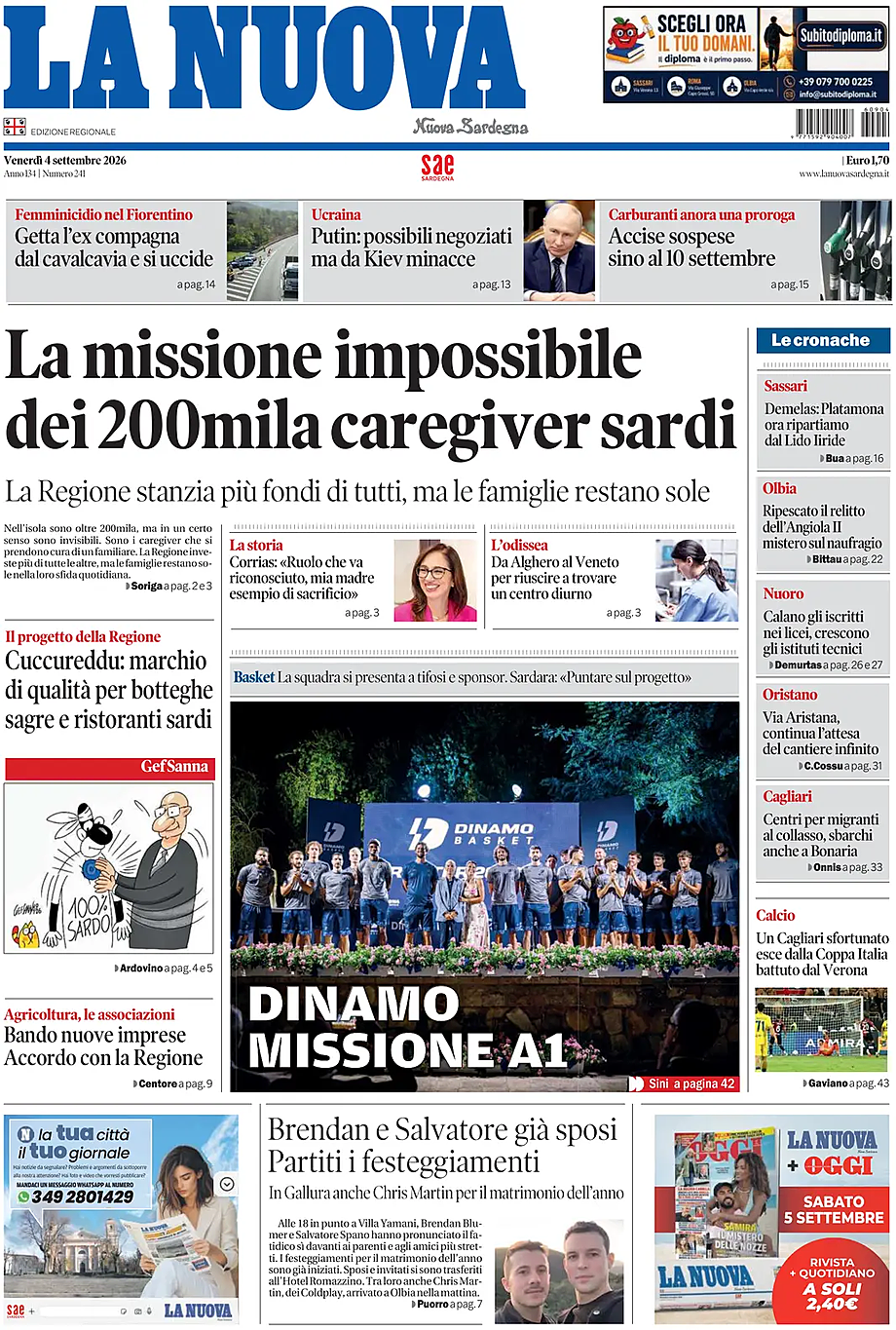Prima pagina La Nuova Sardegna di oggi - Edicola 4 Settembre 2026