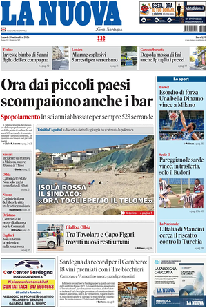 Prima pagina La Nuova Sardegna di oggi - Quotidiano regionale