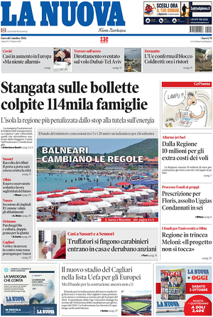 Prima pagina La Nuova Sardegna di oggi - Quotidiano regionale