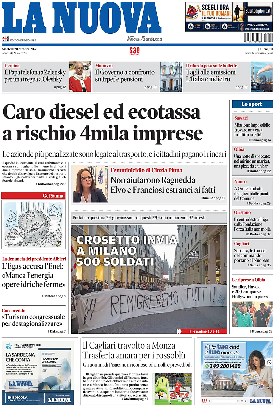 Prima pagina La Nuova Sardegna di oggi - Edicola 20 Ottobre 2026
