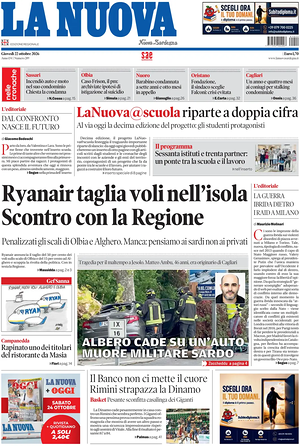 Prima pagina La Nuova Sardegna di oggi - Quotidiano regionale