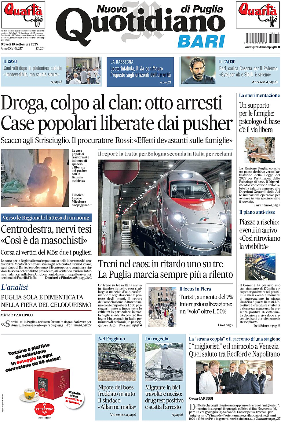 Prima pagina Nuovo Quotidiano di Puglia (Bari) di oggi - Edicola 18 Settembre 2025