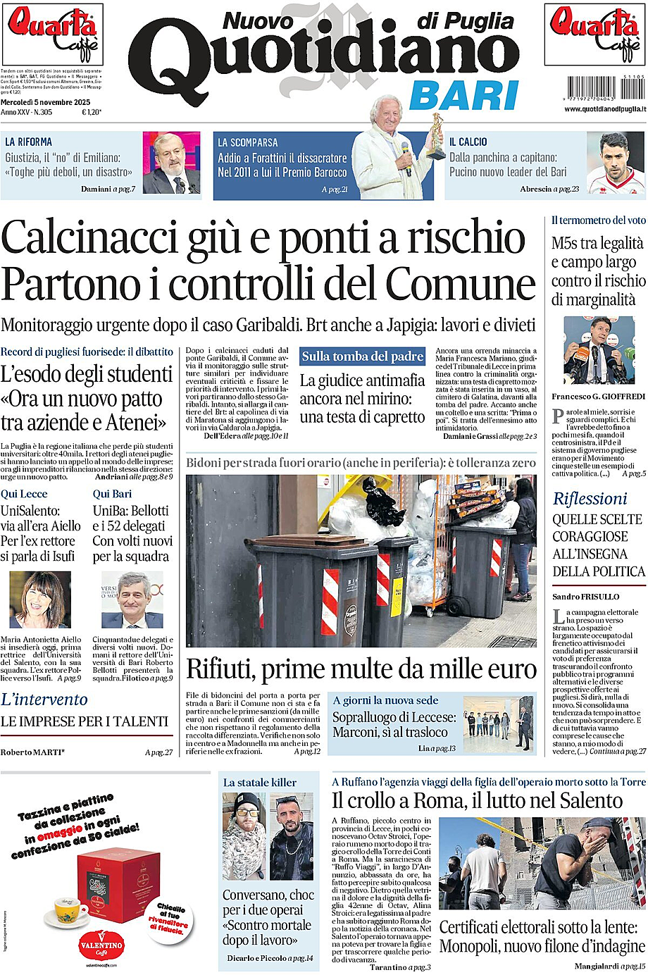 Prima pagina Nuovo Quotidiano di Puglia (Bari) di oggi - Edicola 5 Novembre 2025