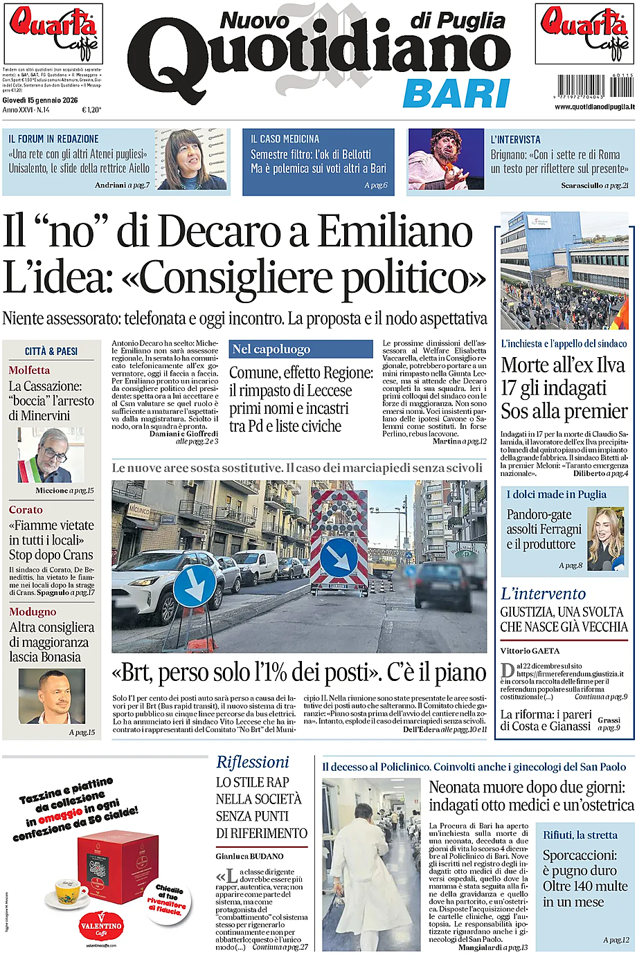 Prima pagina Nuovo Quotidiano di Puglia (Bari) di oggi - Edicola 15 Gennaio 2026