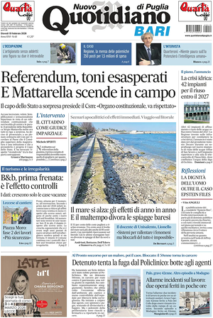 Prima pagina Nuovo Quotidiano di Puglia (Bari) di oggi - Quotidiano regionale