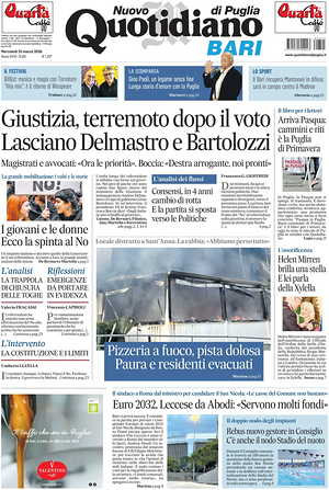 Prima pagina Nuovo Quotidiano di Puglia (Bari) di oggi - Quotidiano regionale