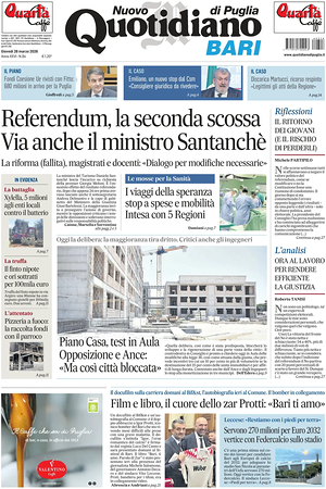 Prima pagina Nuovo Quotidiano di Puglia (Bari) di oggi - Quotidiano regionale
