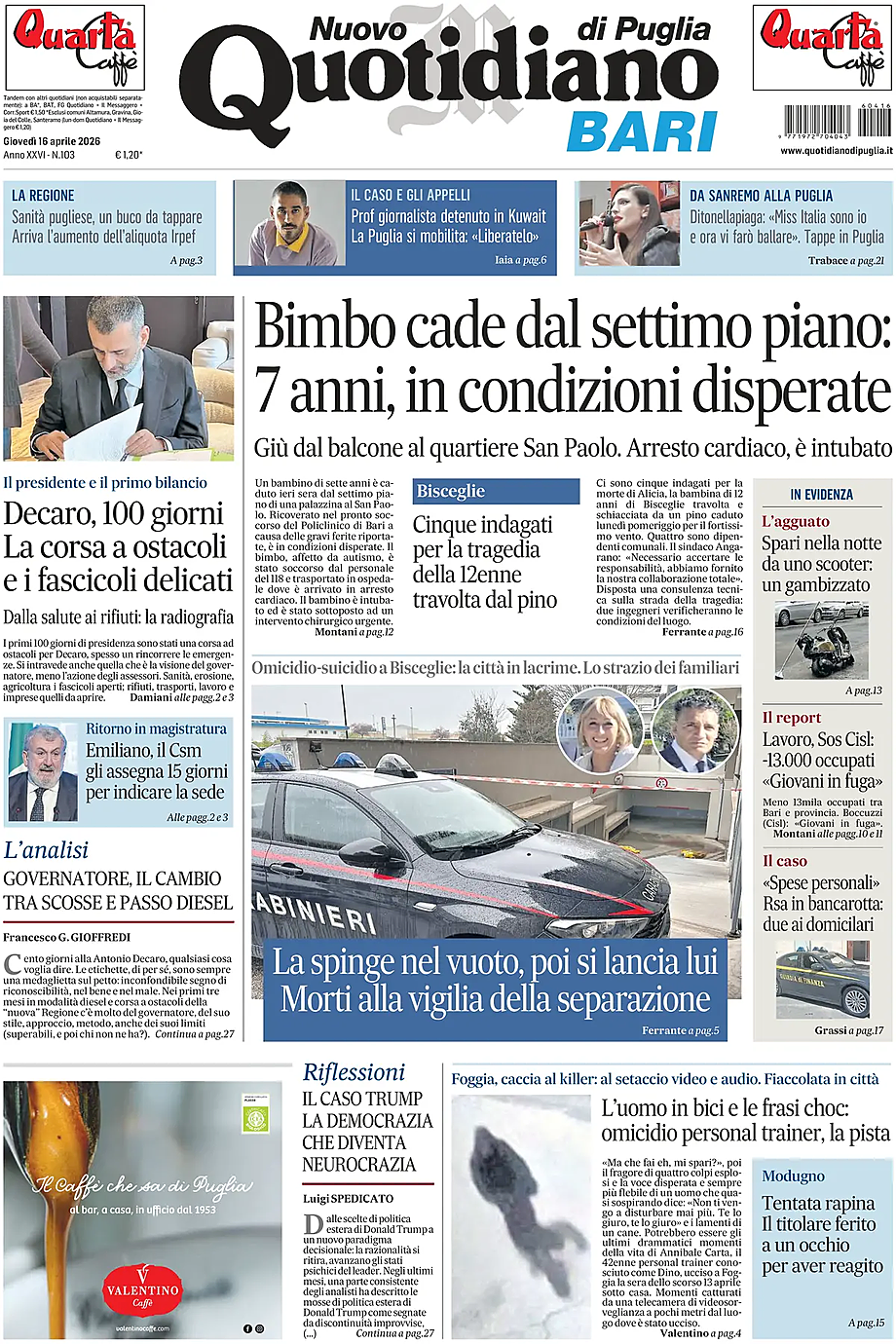 Prima pagina Nuovo Quotidiano di Puglia (Bari) di oggi - Edicola 16 Aprile 2026