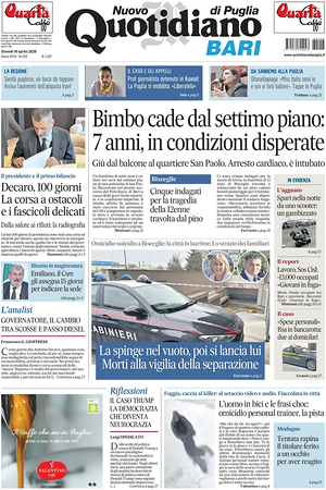 Prima pagina Nuovo Quotidiano di Puglia (Bari) di oggi - Quotidiano regionale