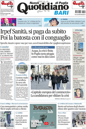 Prima pagina Nuovo Quotidiano di Puglia (Bari) di oggi - Quotidiano regionale