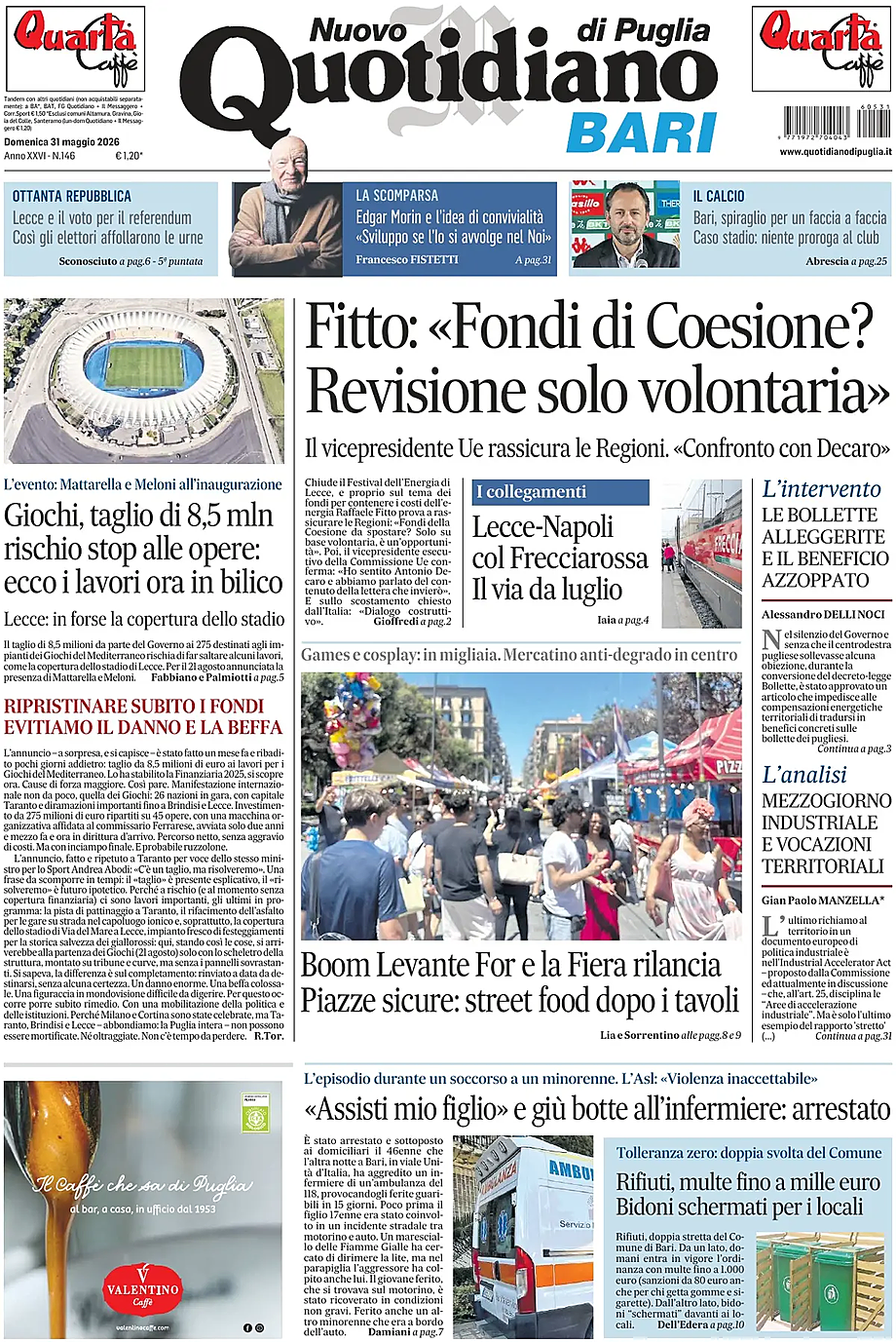 Prima pagina Nuovo Quotidiano di Puglia (Bari) di oggi - Edicola 31 Maggio 2026