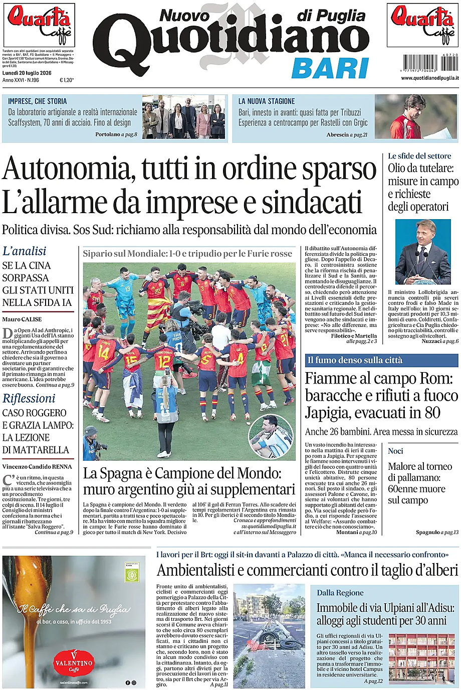 Prima pagina Nuovo Quotidiano di Puglia (Bari) di oggi - Edicola 20 Luglio 2026
