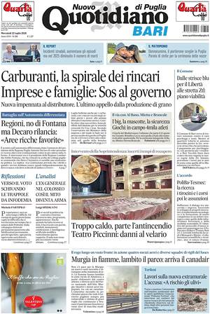 Prima pagina Nuovo Quotidiano di Puglia (Bari) di oggi - Quotidiano regionale
