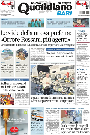 Prima pagina Nuovo Quotidiano di Puglia (Bari) di oggi - Quotidiano regionale