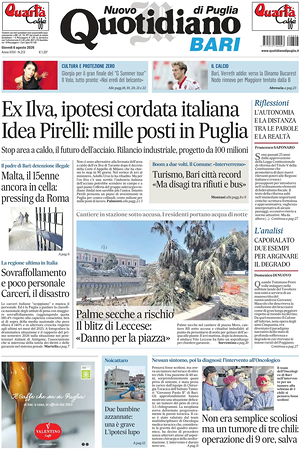 Prima pagina Nuovo Quotidiano di Puglia (Bari) di oggi - Quotidiano regionale
