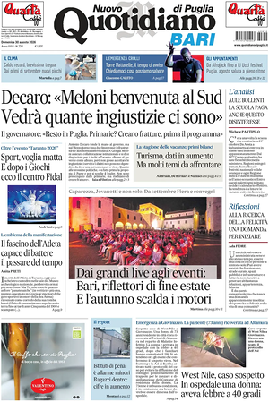 Prima pagina Nuovo Quotidiano di Puglia (Bari) di oggi - Quotidiano regionale