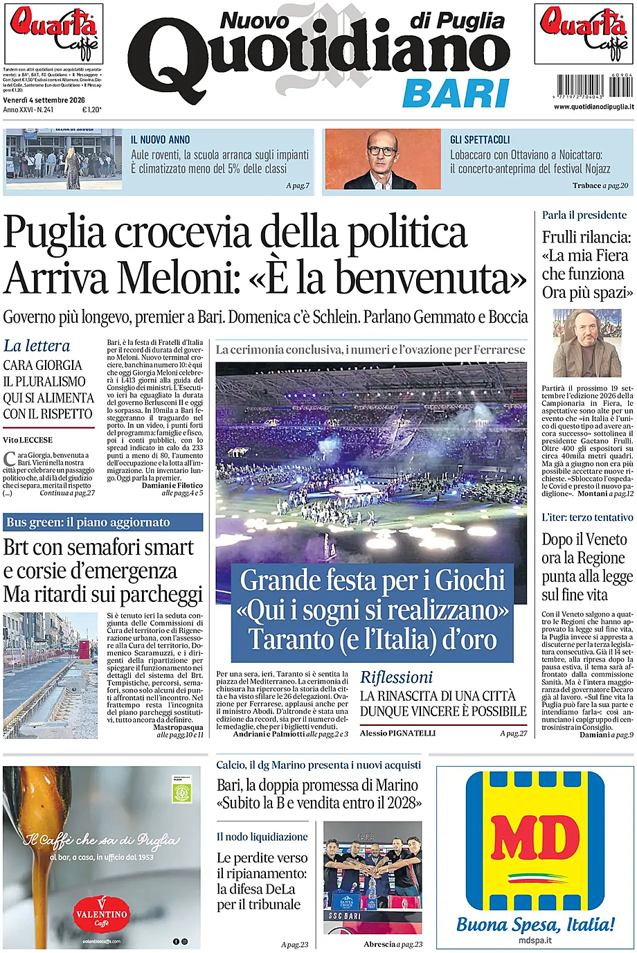 Prima pagina Nuovo Quotidiano di Puglia (Bari) di oggi - Edicola 4 Settembre 2026