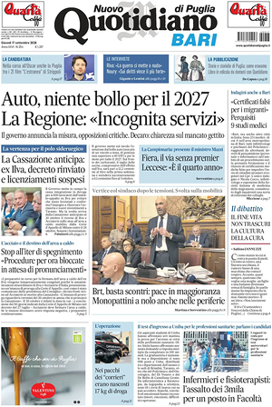 Prima pagina Nuovo Quotidiano di Puglia (Bari) di oggi - Quotidiano regionale
