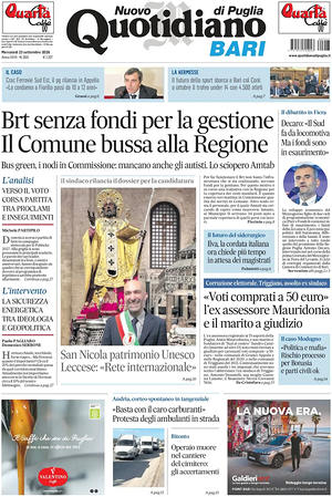 Prima pagina Nuovo Quotidiano di Puglia (Bari) di oggi - Quotidiano regionale