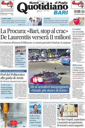 Prima pagina Nuovo Quotidiano di Puglia (Bari) di oggi - Quotidiano regionale