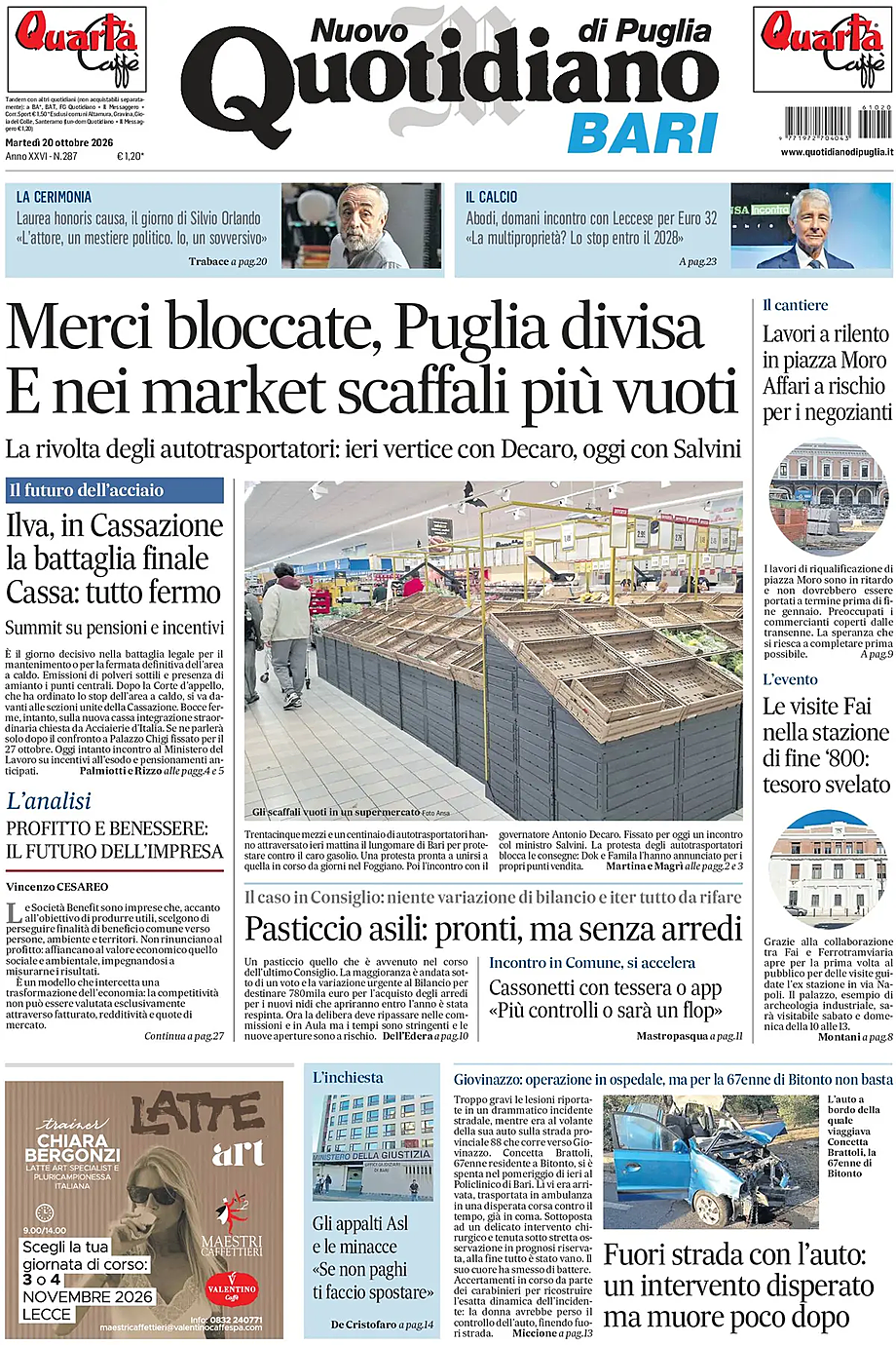 Prima pagina Nuovo Quotidiano di Puglia (Bari) di oggi - Edicola 20 Ottobre 2026