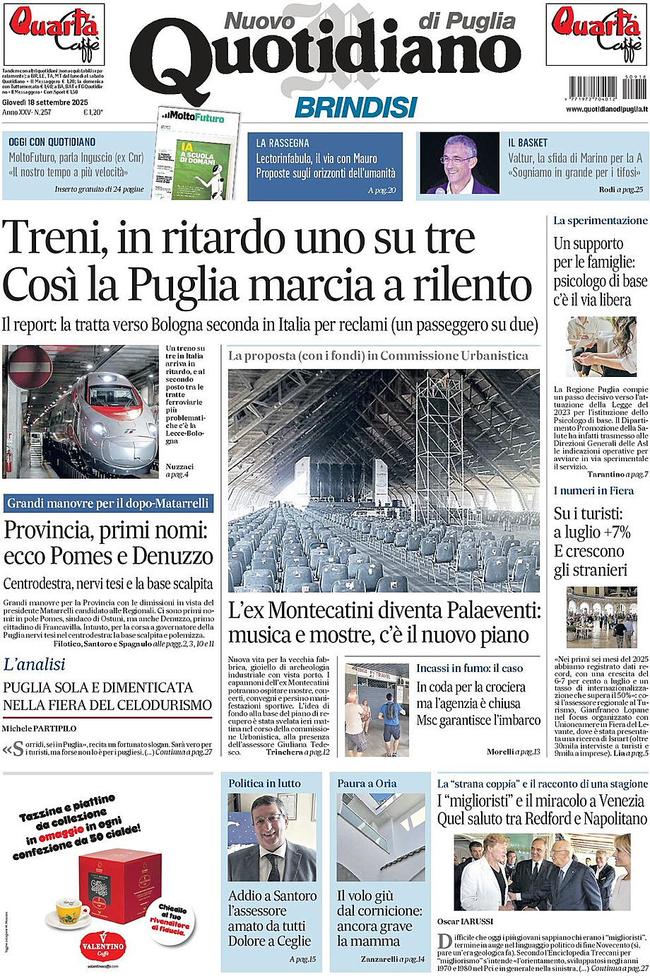 Prima pagina Nuovo Quotidiano di Puglia (Brindisi) di oggi - Edicola 18 Settembre 2025