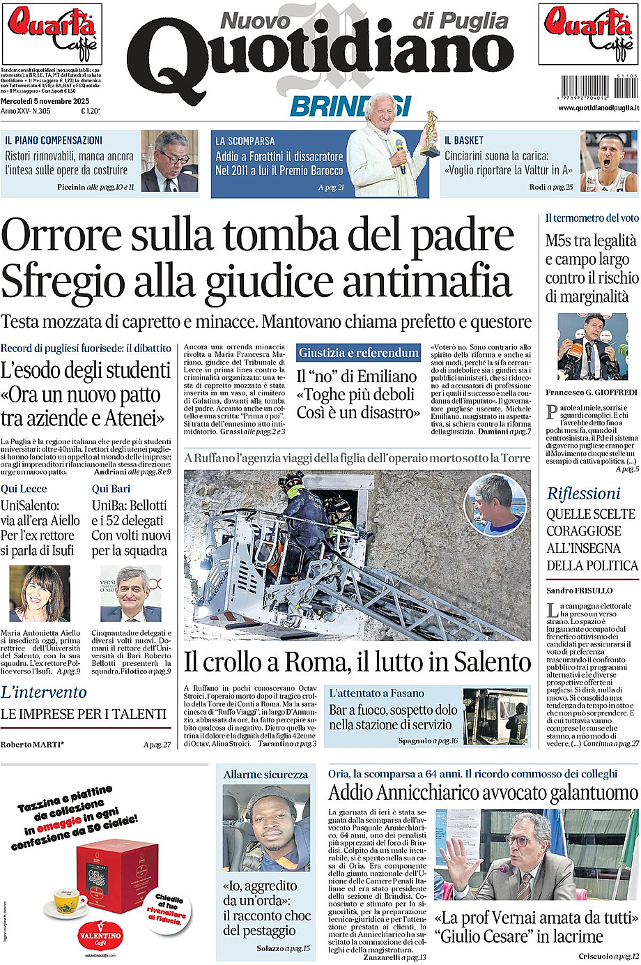 Prima pagina Nuovo Quotidiano di Puglia (Brindisi) di oggi - Edicola 5 Novembre 2025