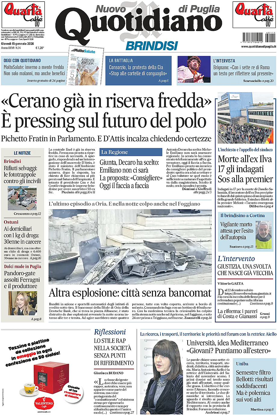 Prima pagina Nuovo Quotidiano di Puglia (Brindisi) di oggi - Edicola 15 Gennaio 2026