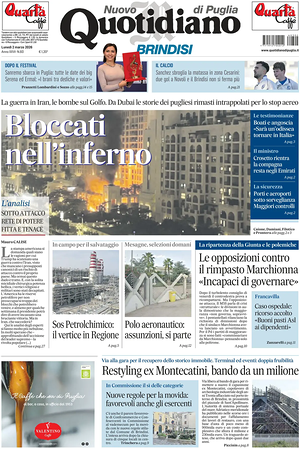 Prima pagina Nuovo Quotidiano di Puglia (Brindisi) di oggi - Quotidiano regionale