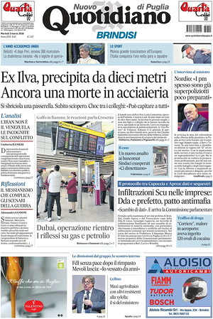 Prima pagina Nuovo Quotidiano di Puglia (Brindisi) di oggi - Quotidiano regionale