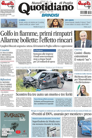 Prima pagina Nuovo Quotidiano di Puglia (Brindisi) di oggi - Quotidiano regionale