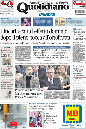 Prima pagina Nuovo Quotidiano di Puglia (Brindisi) di oggi - Quotidiano regionale