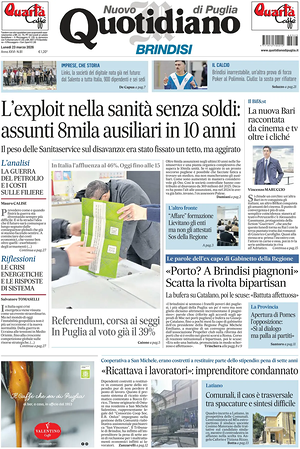 Prima pagina Nuovo Quotidiano di Puglia (Brindisi) di oggi - Quotidiano regionale